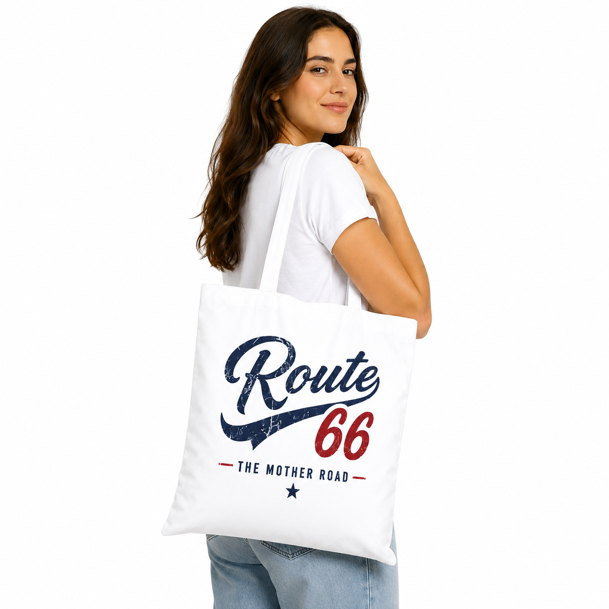 Tote bag Route 66 blanc : lettrage baseball vintage Route 66 et The Mother Road