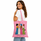 Tote bag Together and Free rose : quatre copines de dos en style bohème entourées de fleurs et de cœurs, message Together and Free