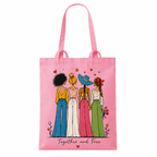 Tote bag Together and Free : détail des quatre amies et des fleurs