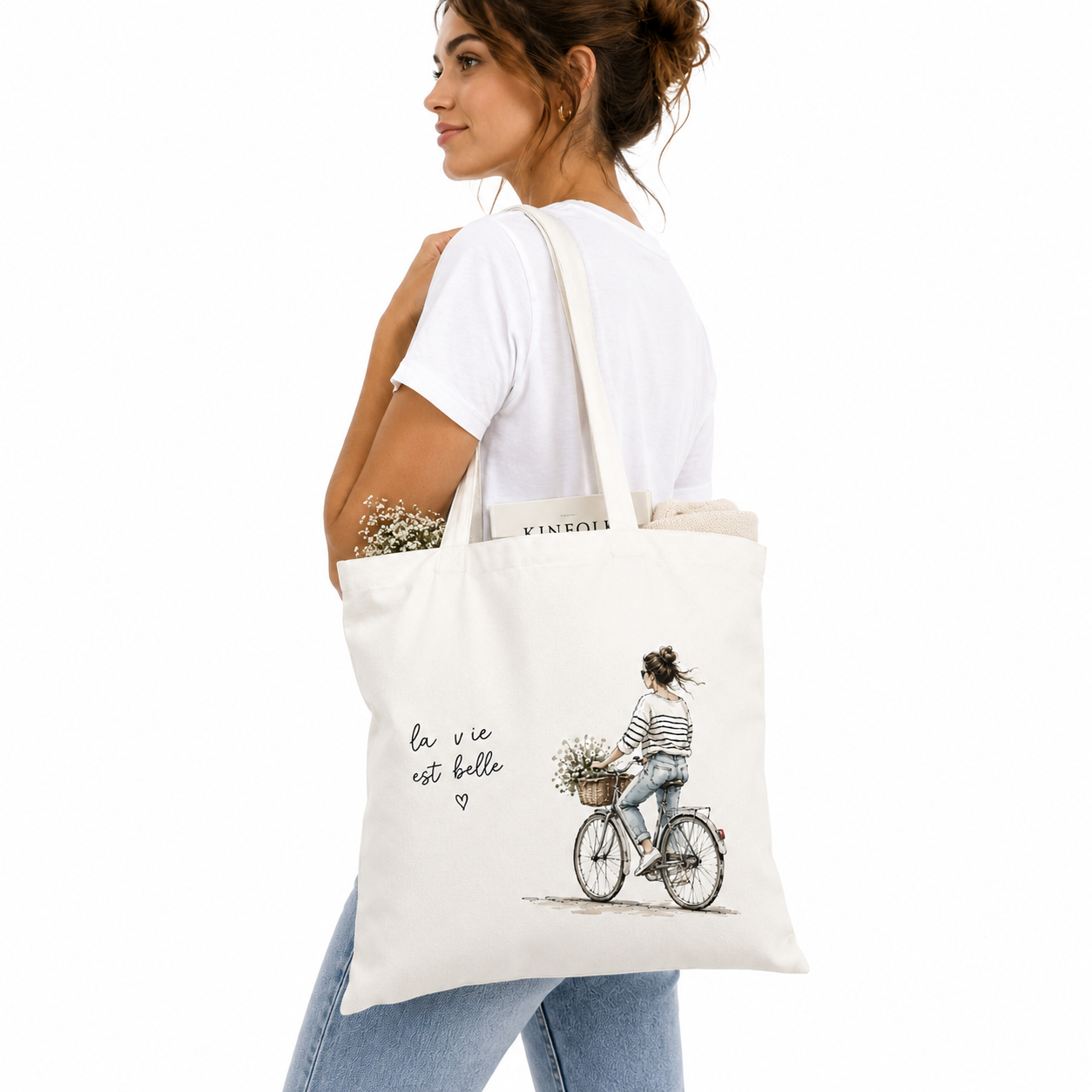 Tote bag Vélo La Vie est Belle : vélo fleuri à l'aquarelle et slogan La Vie est Belle
