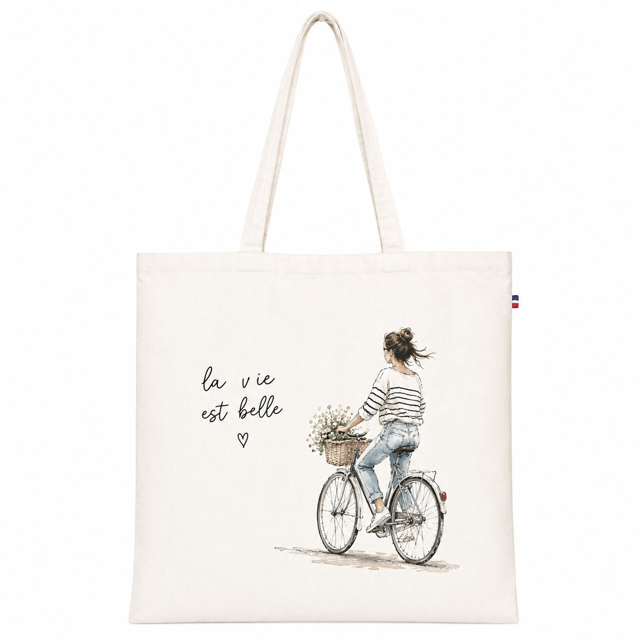 Tote bag La Vie est Belle vélo aquarelle - coloris Naturel
