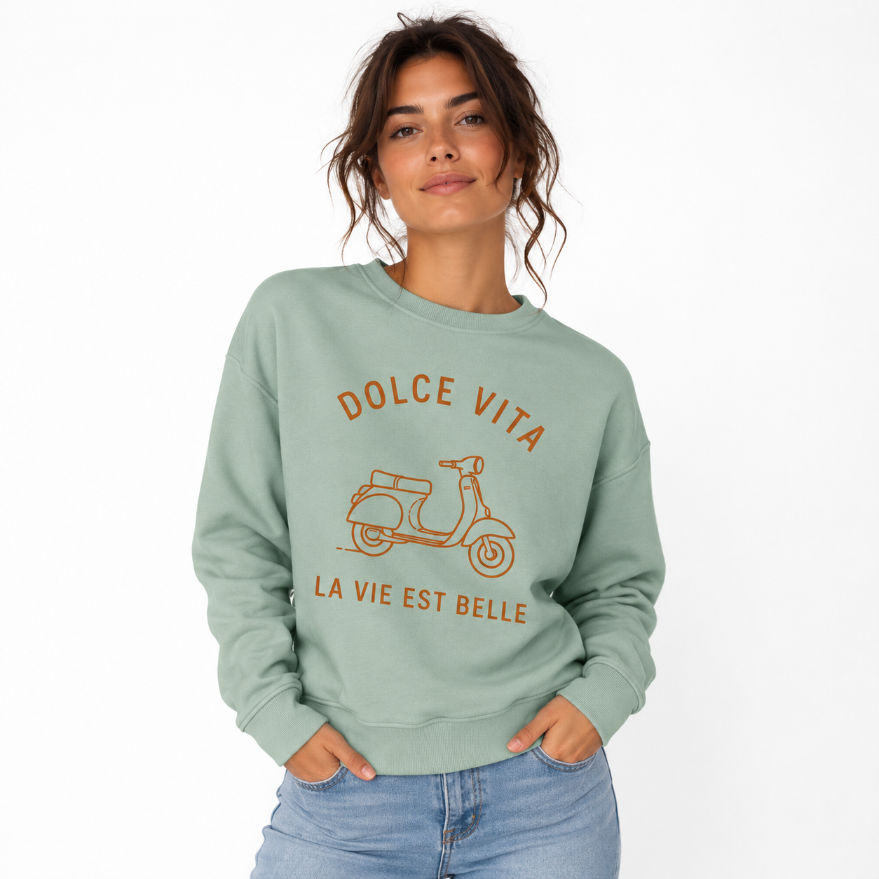 Sweat vert sauge Dolce Vita : slogan Dolce Vita