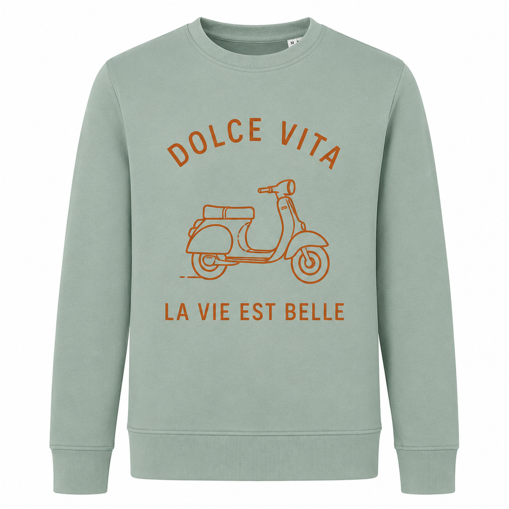 Sweat vert sauge Dolce Vita : détail du slogan Dolce Vita