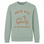Sweat vert sauge Dolce Vita : détail du slogan Dolce Vita