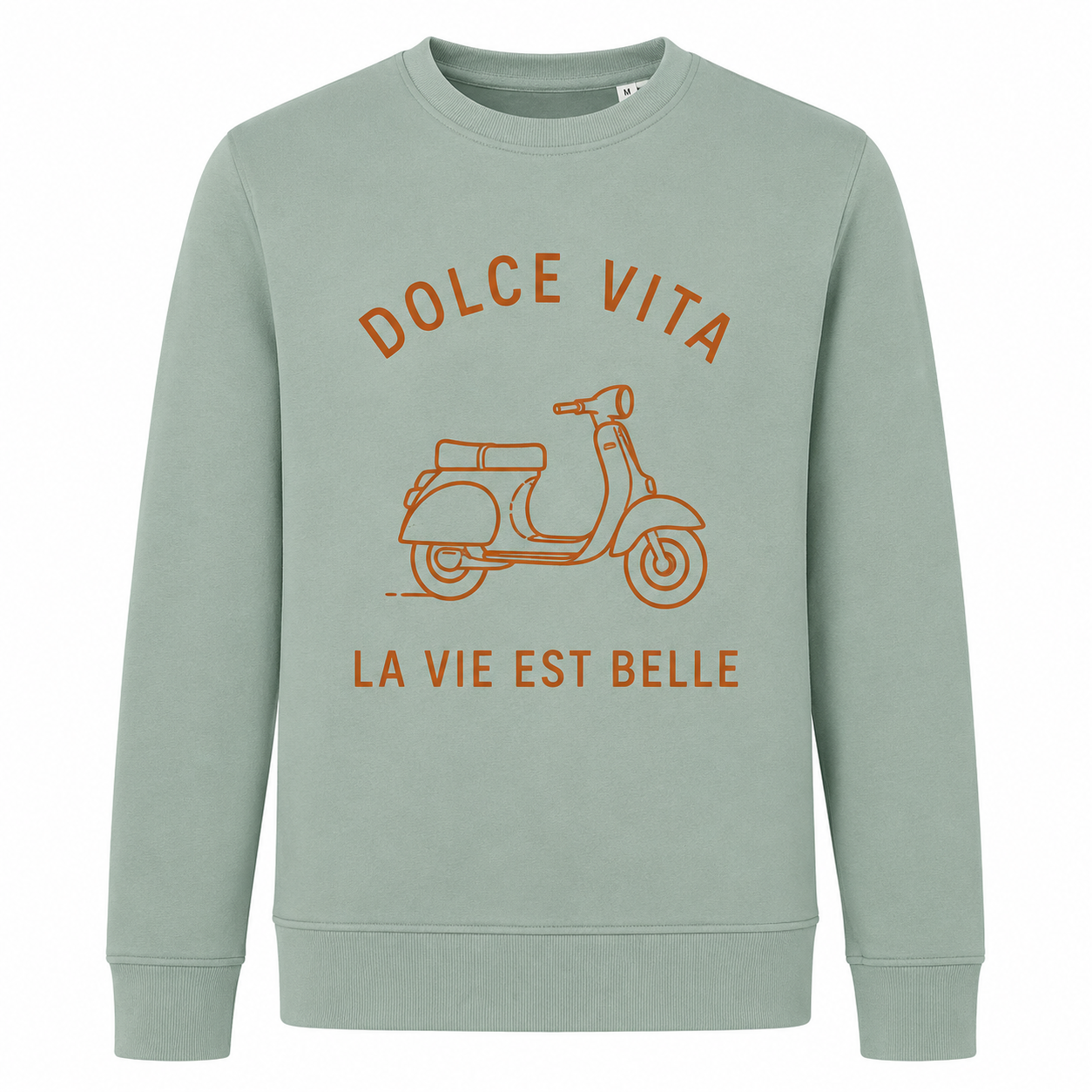 Sweat vert sauge Dolce Vita : détail du slogan Dolce Vita