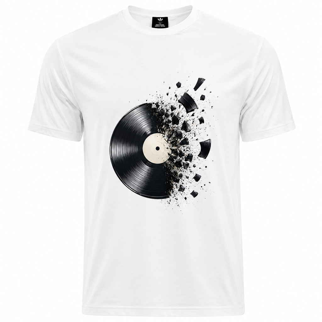 T-shirt homme Musique Vinyle Explosion : détail du vinyle et éclats de couleurs