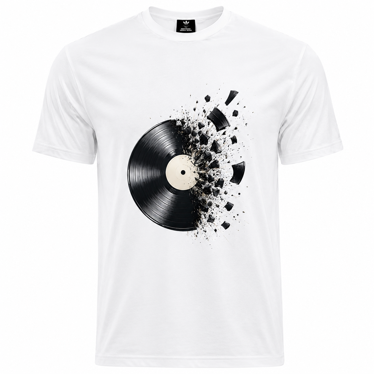 T-shirt homme Musique Vinyle Explosion : détail du vinyle et éclats de couleurs